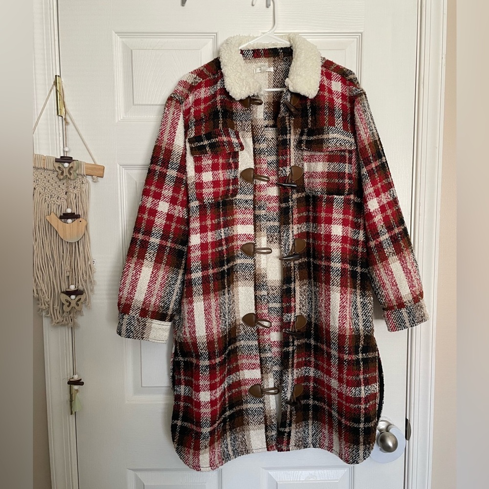 Maurices Women’s size Small Red and Brown Plaid Long Jacket with Pockets